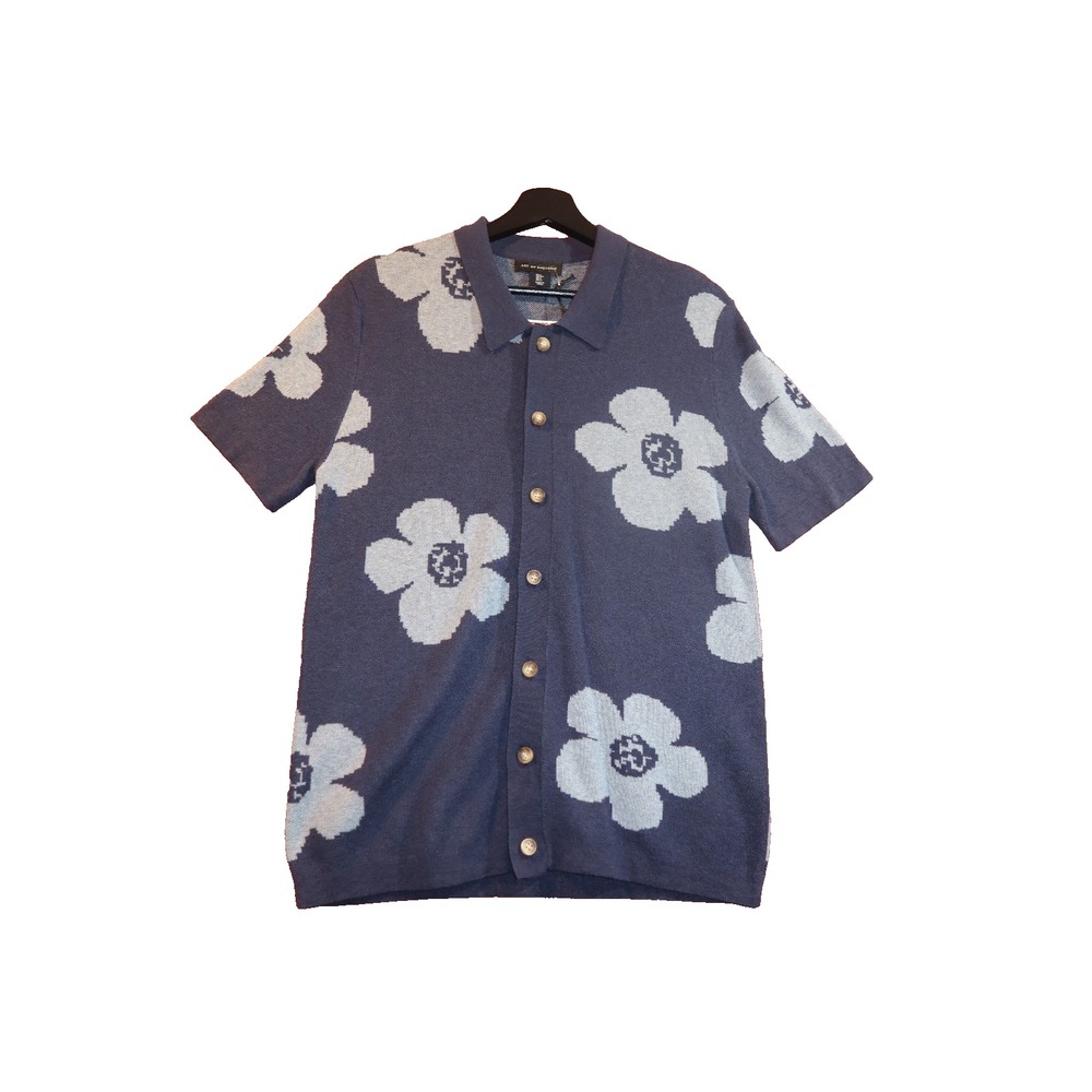 Blue Floral Knit Button-Up Polo Shirt - Small New with Tags